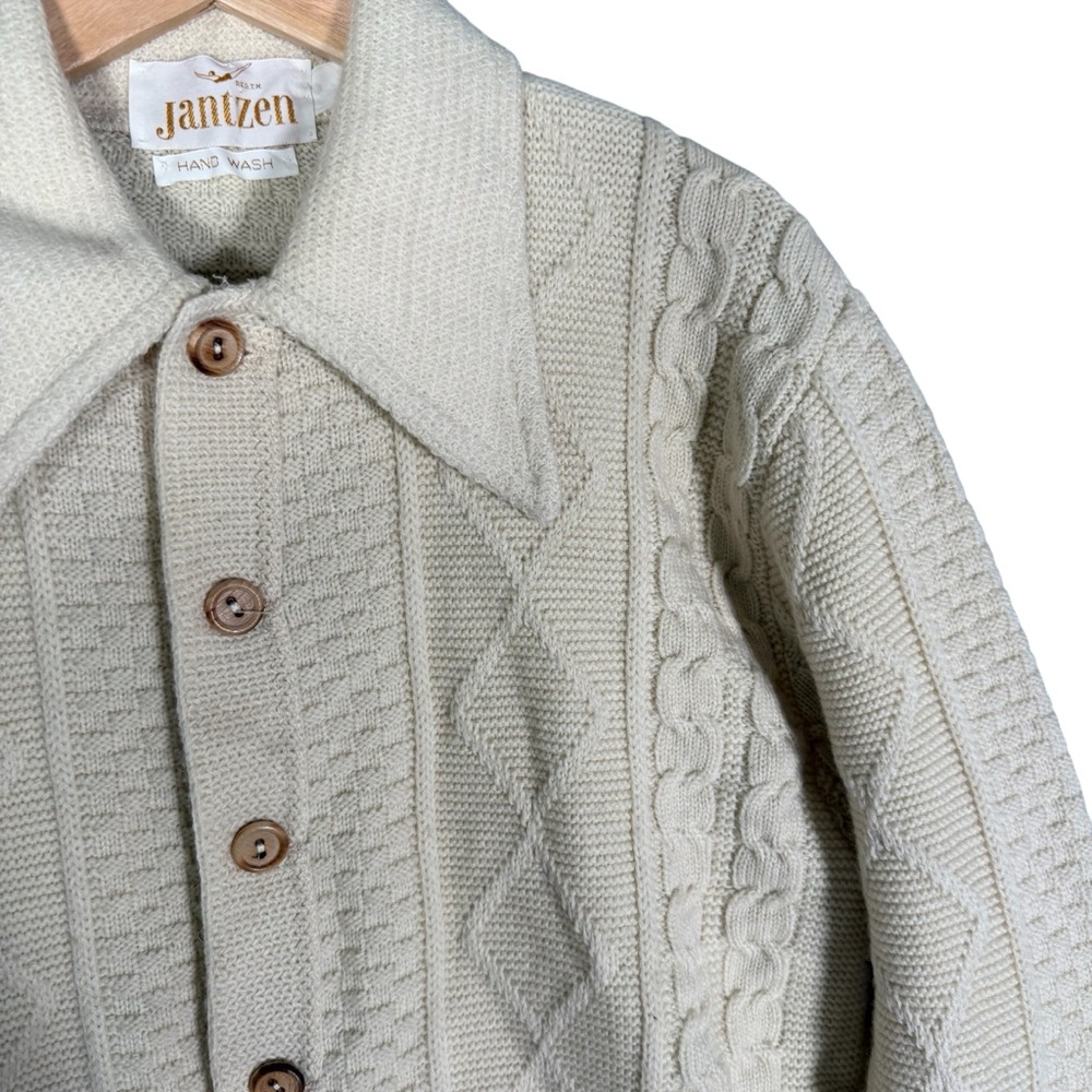 Vintage Jantzen Women's 100% Wool Cream Cable Knit Cardigan Sweater Fisherman L - Picture 3 of 8